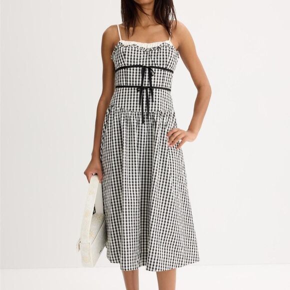 For Love And Lemons Dresses & Skirts - For Love and Lemons Gingham Midi Dress Black White Bow Tie Size S